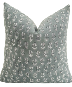 Linen Blue Floral Block Print Pillow Cover